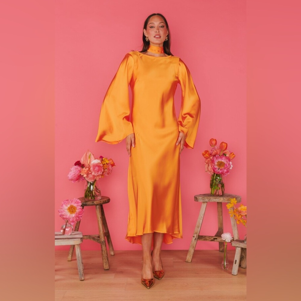 SALE! Show Me Your Mumu Sarah Midi Dress ~ Tangerine Fluid Satin - NWT